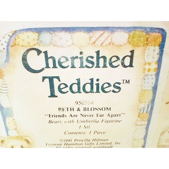 Cherished Teddies Beth and Blossom Bears with Umbrella Figurine 1991 Hamilton - Picture 3 of 12